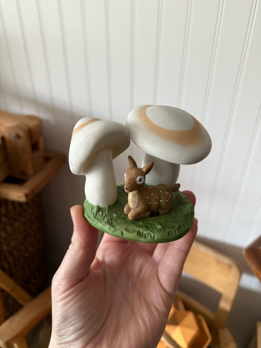 Vintage White and Brown Mushroom Deer Figurine